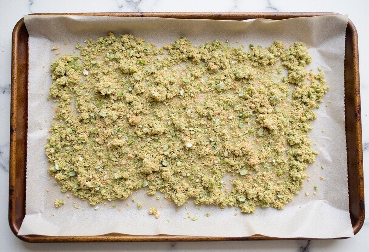 Spreading a mixture of green onion seeds and spices onto a baking sheet, highlighting the savory preparation process.