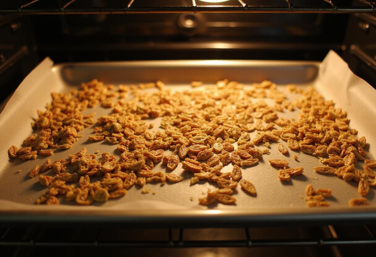Toasted green onion seeds on a baking sheet cooling after roasting, perfect for enhancing flavors in dishes.