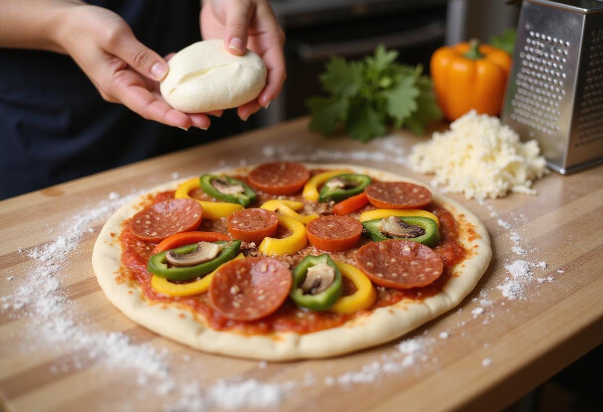 Colorful toppings such as bell peppers, mushrooms, and pepperoni arranged on the dough at Arundel's House Special Pizza creation.
