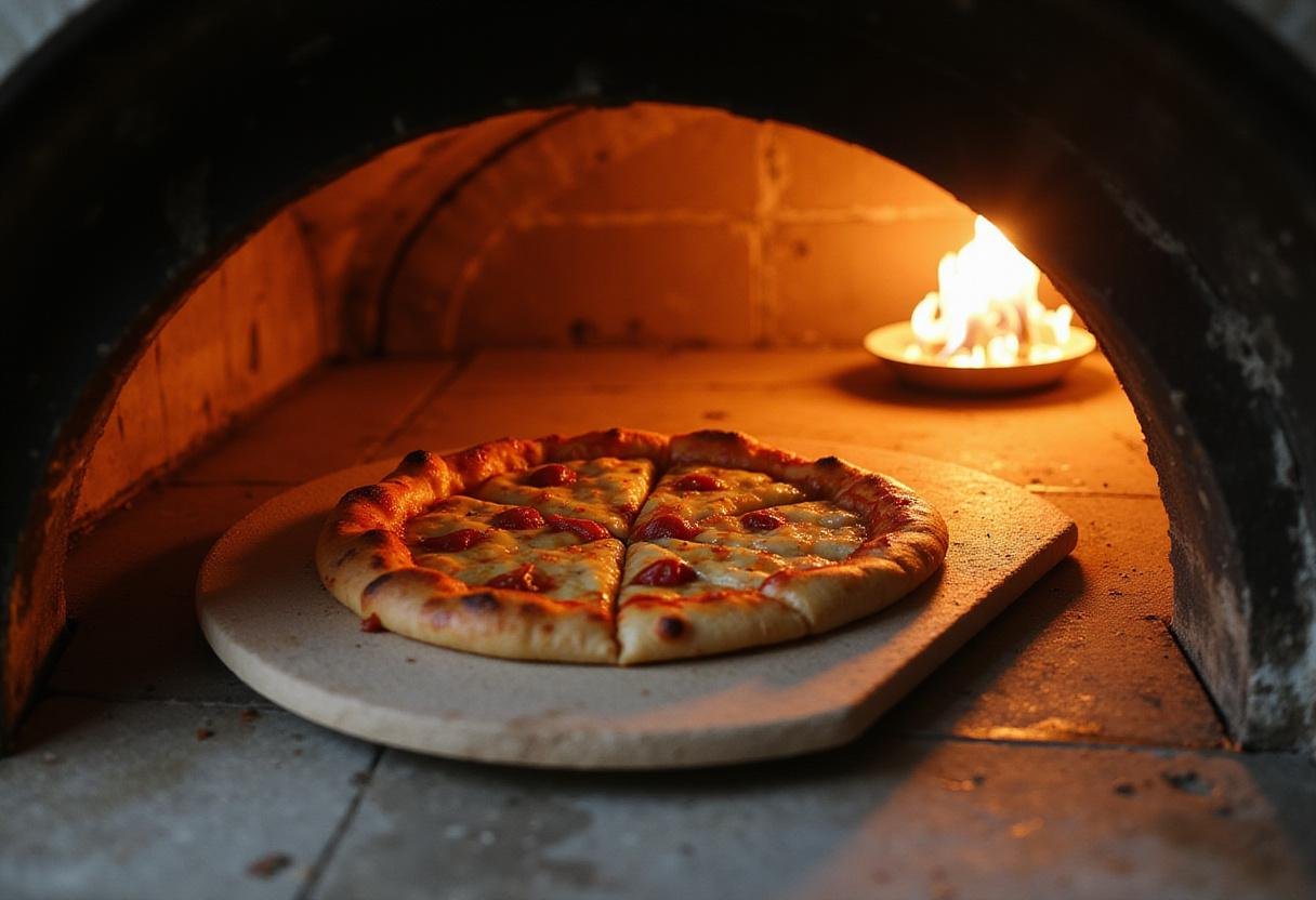 Arundel's House Special Pizza being placed into a hot oven, capturing the essence of baking a perfect pizza.