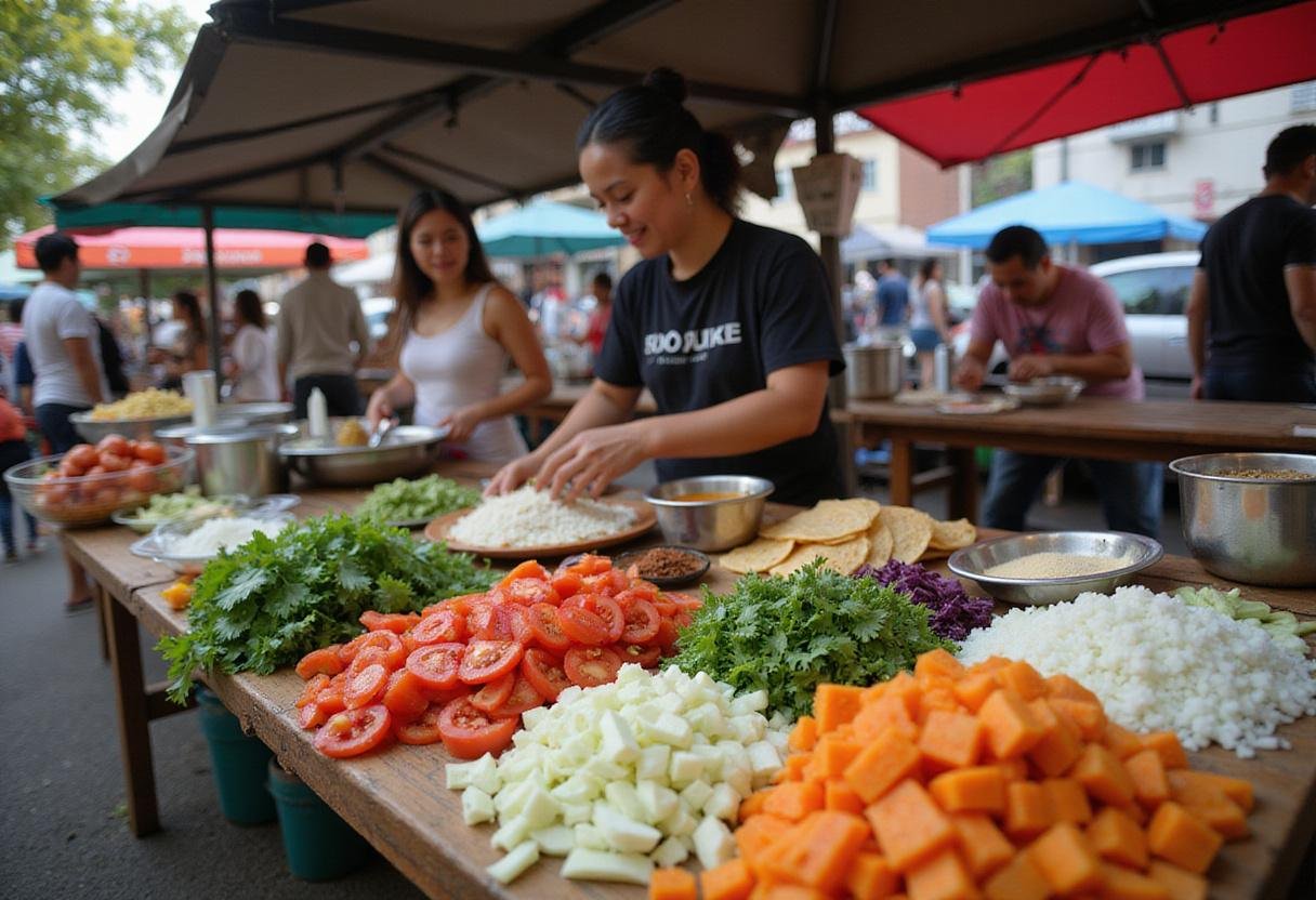 Colorful street taco ingredients arranged on a table, showcasing fresh vegetables, spices, and sauces, highlighting street taco calories.