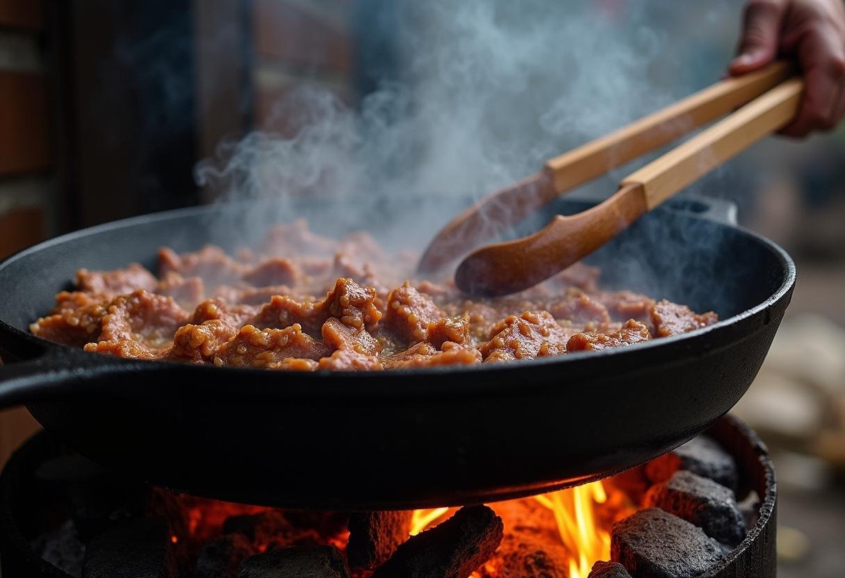 Marinated beef or chicken cooking in a skillet, producing savory aromas, essential for authentic street taco calories.