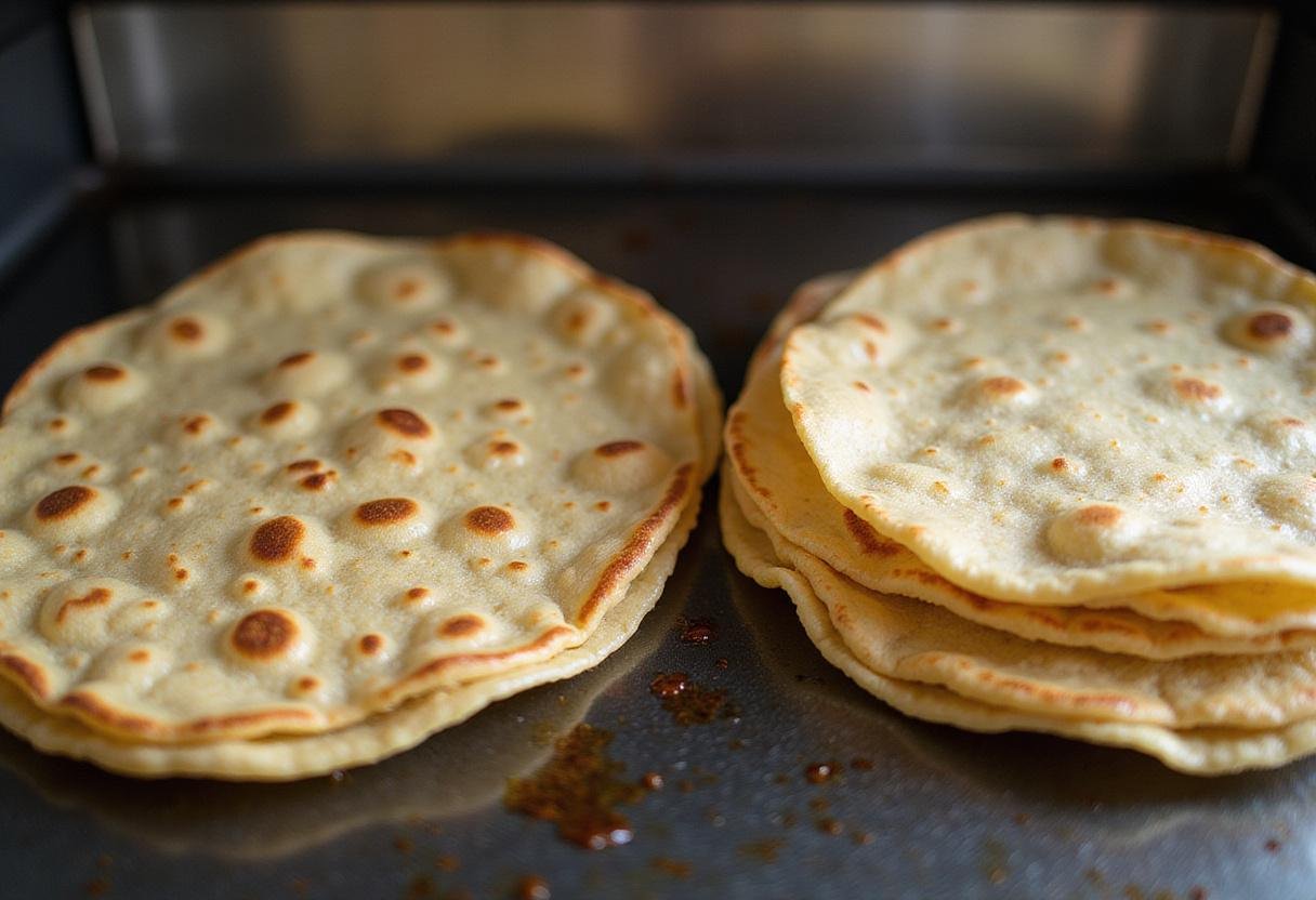 Fresh corn tortillas warming on a griddle, preparing to be filled for authentic street tacos packed with flavor and calories.