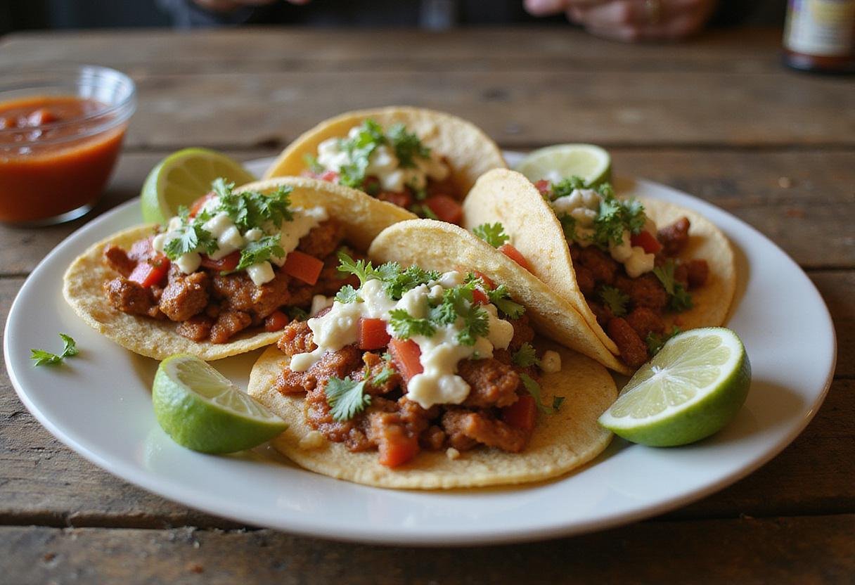 Assembled authentic street tacos filled with meat and toppings, beautifully presented with lime and salsa for a feast that highlights street taco calories.