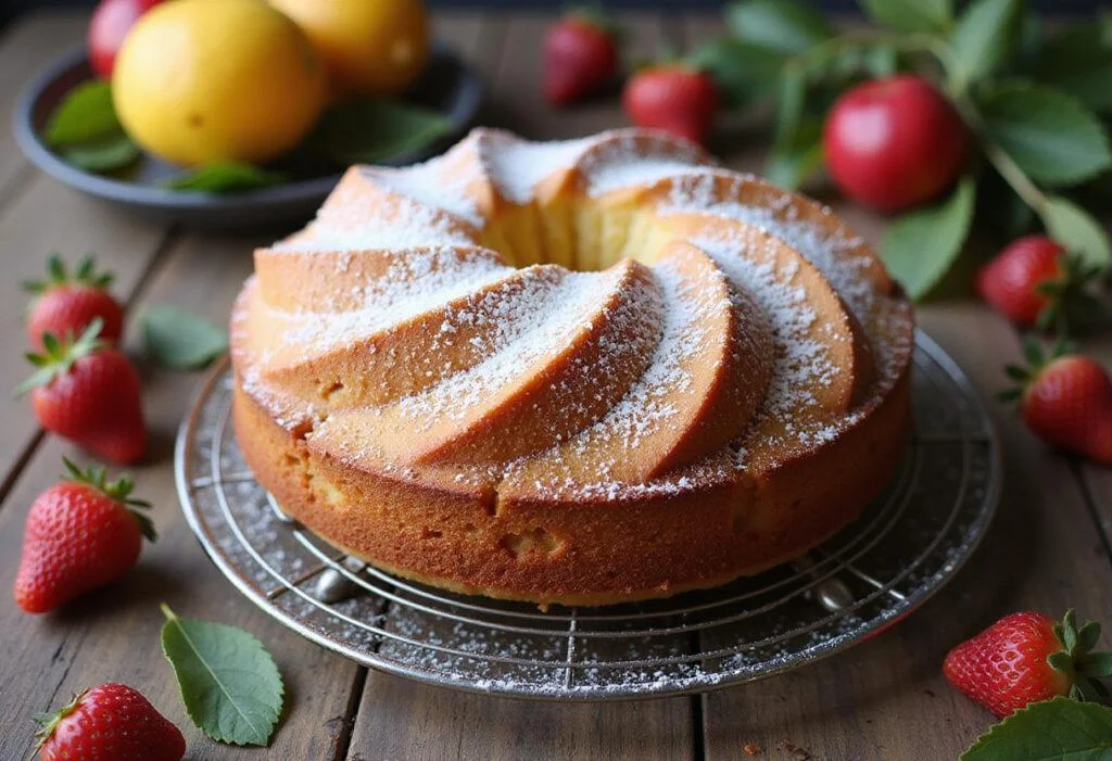 Delicious golden cake made with baking powder, showcasing the final result of the baking process in a home kitchen settings.
