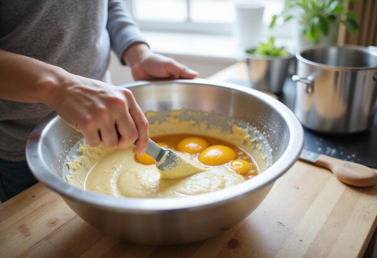 Mixing egg and batter for a delicious recipe, emphasizing the baking powder as a leavening agent rather than yeast.