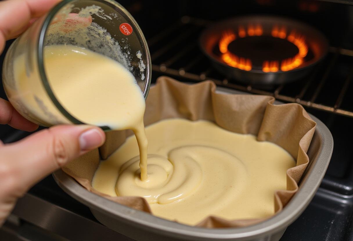 Pouring batter into a baking pan, illustrating the baking powder in action in a friendly kitchen environment.