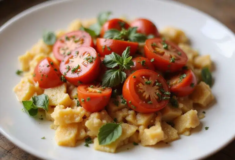 A colorful tomato salad artfully presented, using various herbs as substitutes for basil, showcasing creative culinary options.