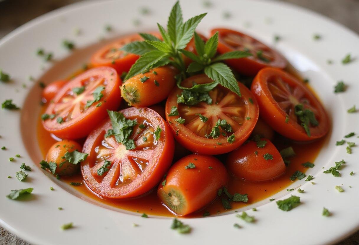 A colorful tomato salad artfully presented, using various herbs as substitutes for basil, showcasing creative culinary options.