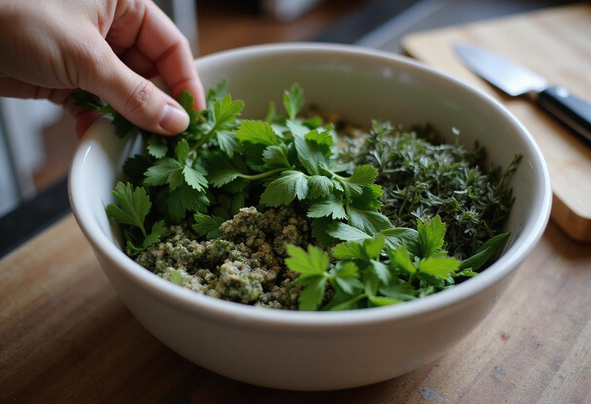 Fresh herbs display including oregano as a basil substitute in a rustic kitchen setting.
