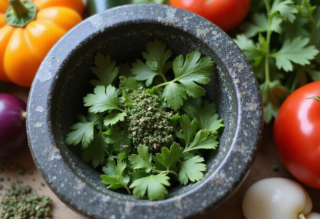 Making a fragrant parsley and thyme blend as a substitute for basil with a mortar and pestle.