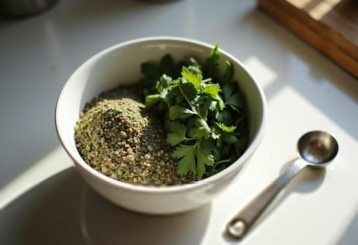 Dried herbs like oregano and parsley arranged in a bowl as practical basil substitutes on a sunny kitchen counter.
