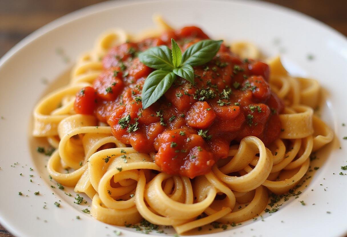 Delicious pasta with a tomato sauce garnished with oregano and parsley as a basil substitute, beautifully presented.