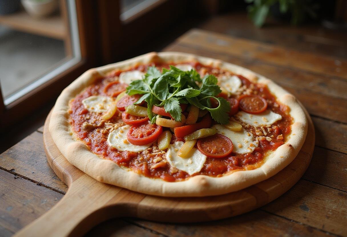 Assembling ingredients for Bellacino's pizza & grinders menu, with fresh toppings ready for the oven.