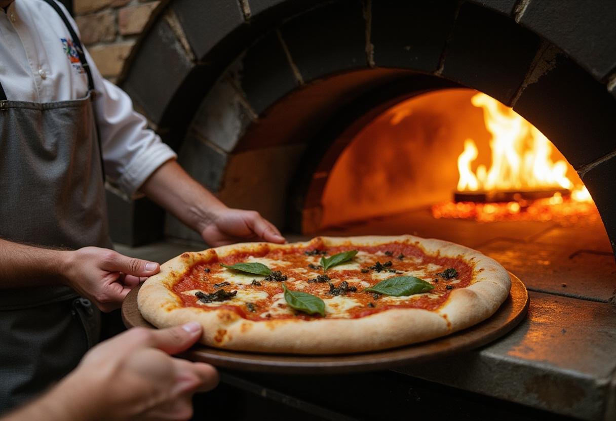 Baking a delicious pizza from Bellacino's pizza & grinders menu in a stone oven for the perfect crisp.