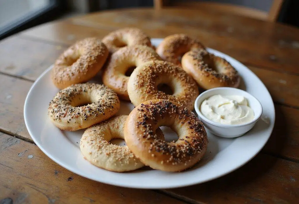 Deliciously baked Beyond Bagels topped with sesame and everything seasoning, served with cream cheese, creating an inviting breakfast spread.