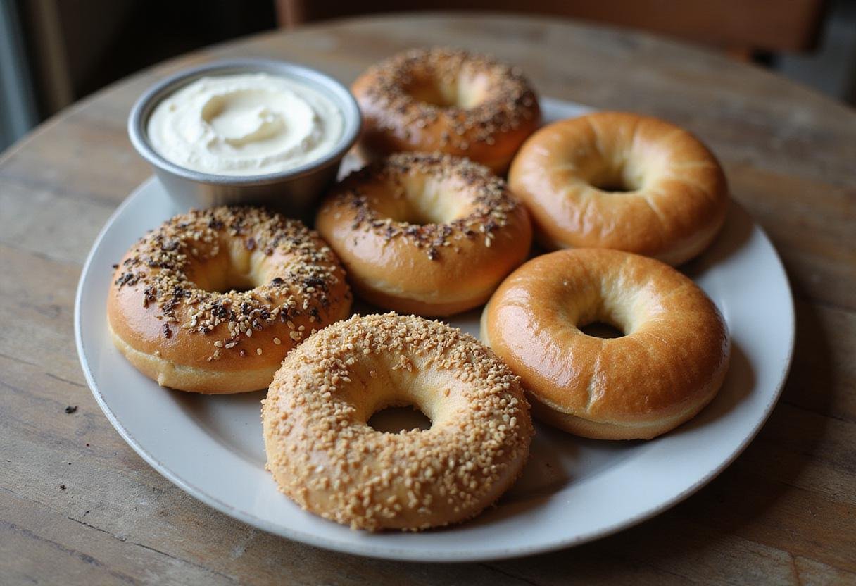 Deliciously baked Beyond Bagels topped with sesame and everything seasoning, served with cream cheese, creating an inviting breakfast spread.