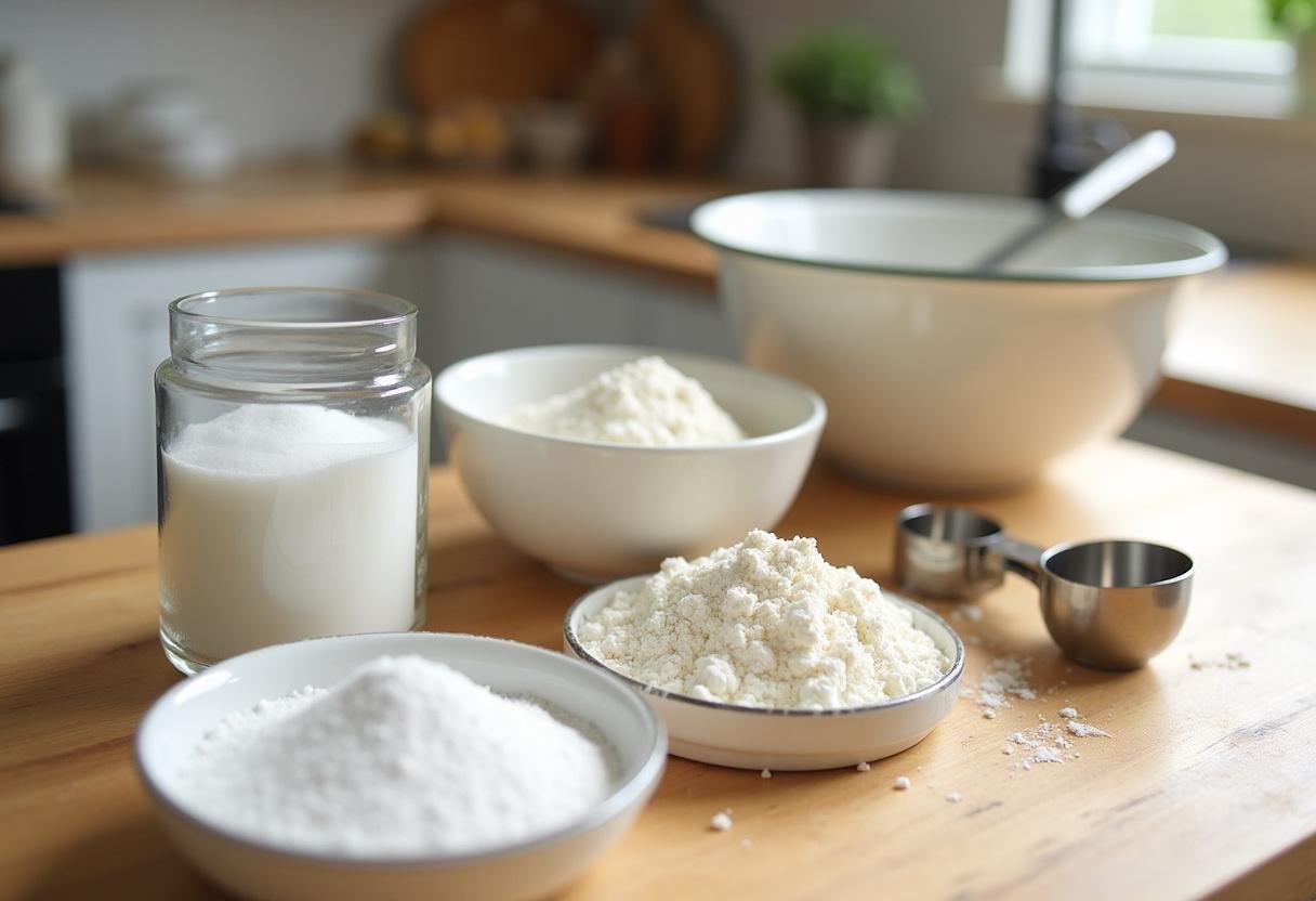Ingredients for Beyond Bagels displayed on a kitchen countertop including flour, yeast, salt, and sugar, perfect for making fresh bagels.
