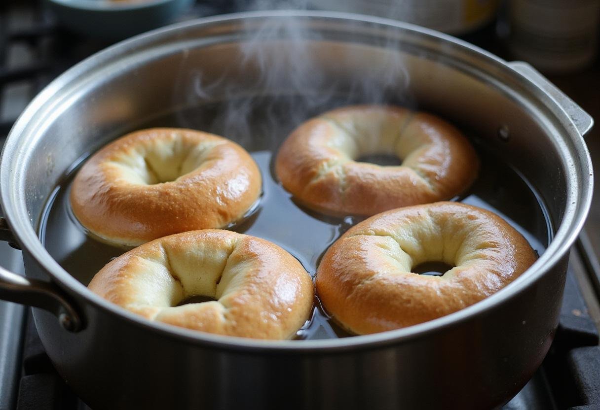 Boiling bagels for Beyond Bagels in a pot, a crucial step that gives them their chewy texture.