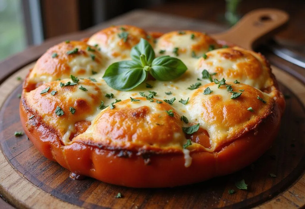 Deliciously baked Big Boy tomato treat with cheese bubbling and garnished, showcasing a perfect dish for any meal.