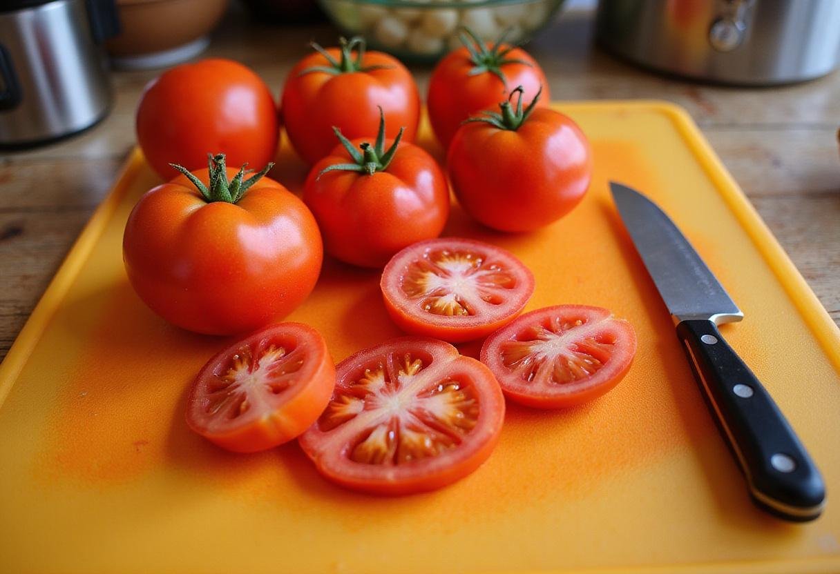 Slicing Big Boy tomatoes on a wooden cutting board, fresh juicy tomatoes for a delicious recipe.