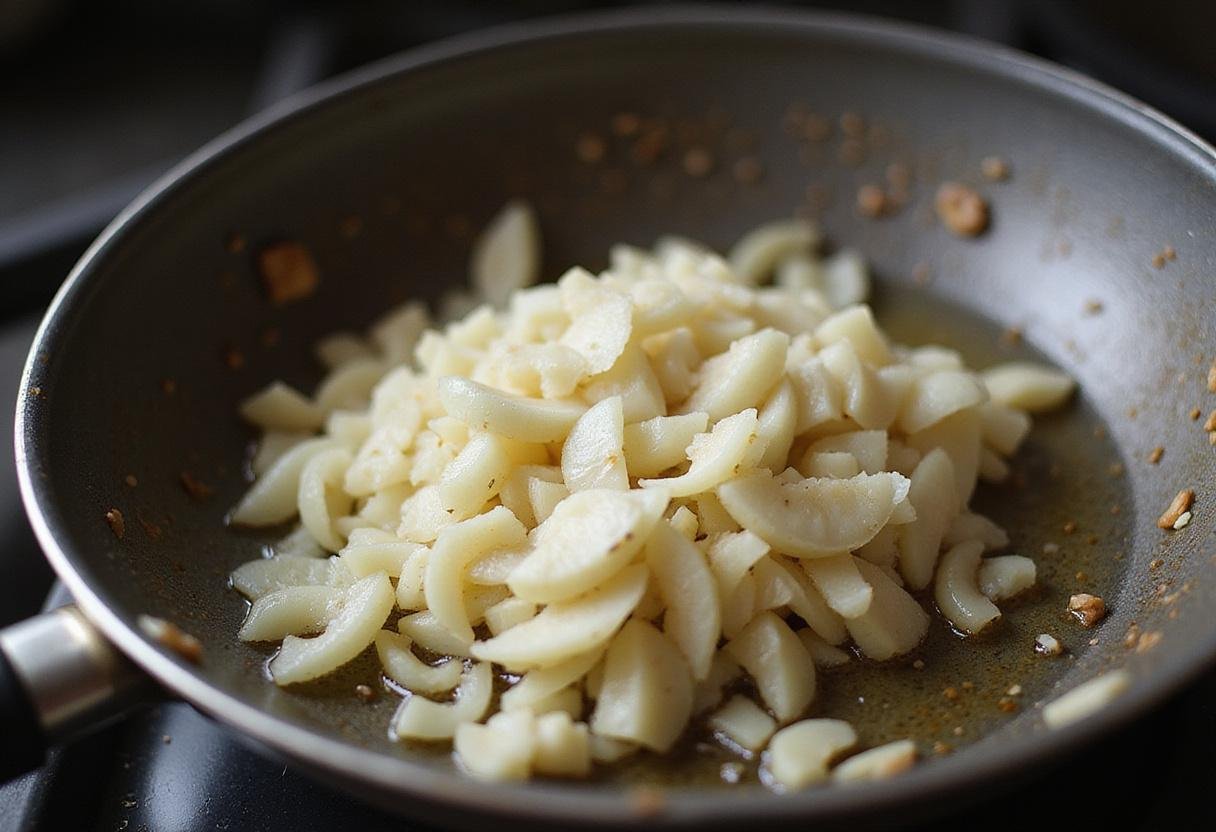 Sauteing diced onions and garlic in a pan, adding rich flavors for a Big Boy tomato dish.