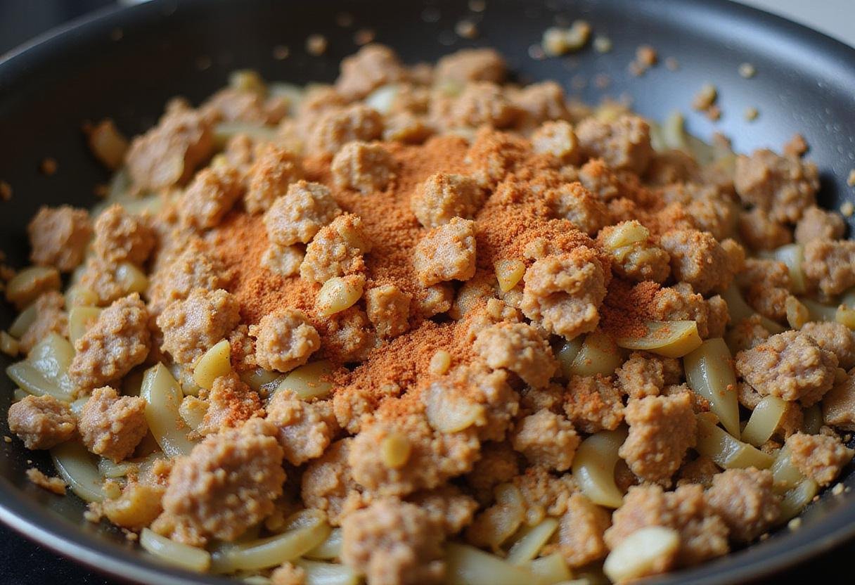 Preparing a savory filling with ground meat and sautéed onions and garlic for a delicious Big Boy tomato treat.