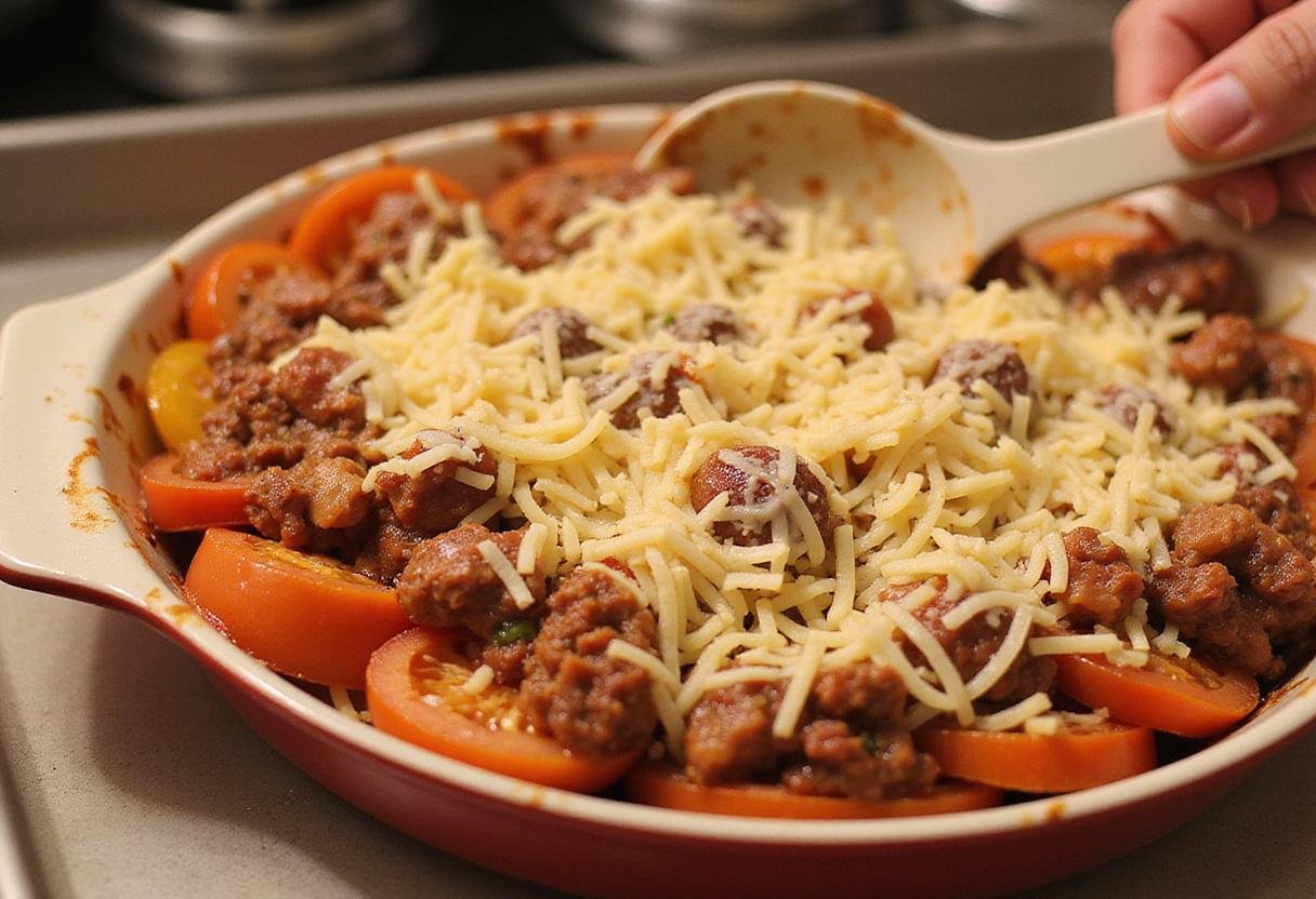 Layering sliced Big Boy tomatoes with savory filling and cheese in a baking dish, ready to be baked.