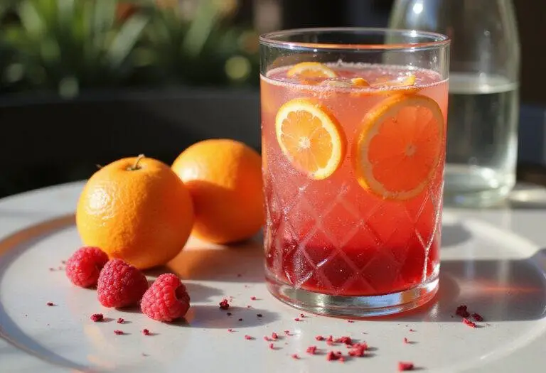 Final presentation of Blood Orange Color Burst drink with whole blood oranges and raspberries, ideal for highlighting the beauty of the blood orange season.