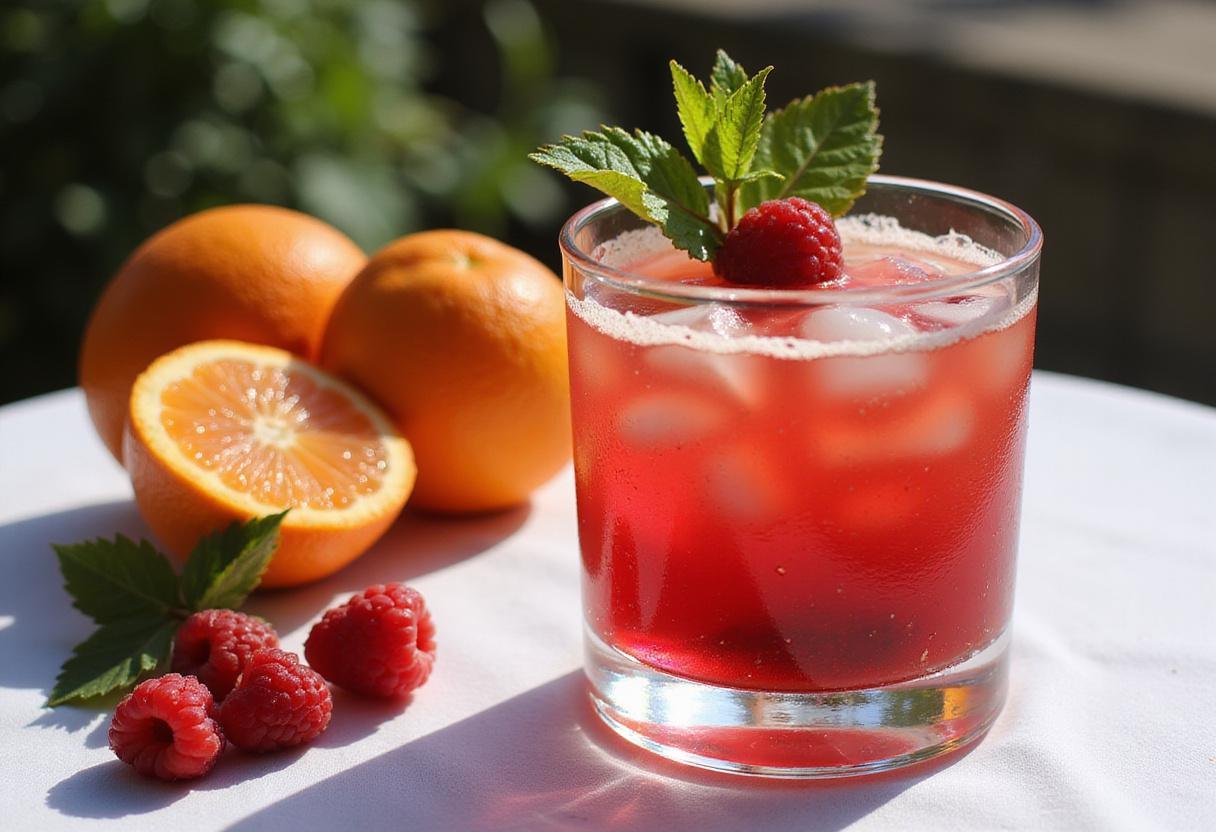Final presentation of Blood Orange Color Burst drink with whole blood oranges and raspberries, ideal for highlighting the beauty of the blood orange season.