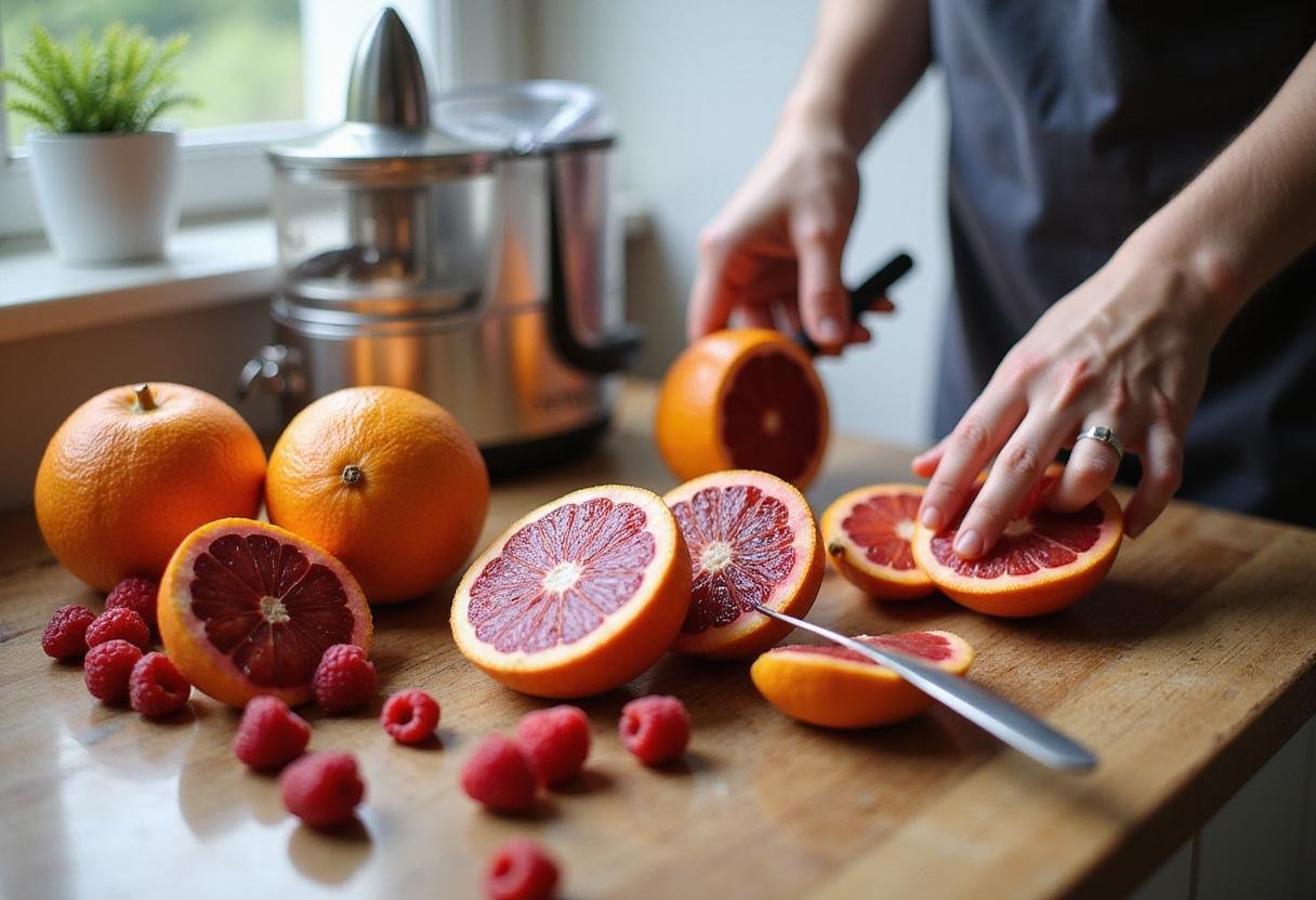 Fresh blood oranges and raspberries being sliced in a bright kitchen, showcasing the vivid blood orange color during blood orange season.
