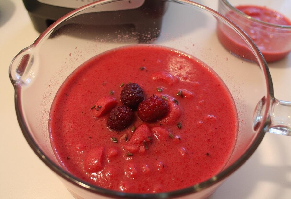 Freshly squeezed blood orange juice with raspberries in a bowl, highlighting the vibrant raspberry orange color for a delightful beverage.