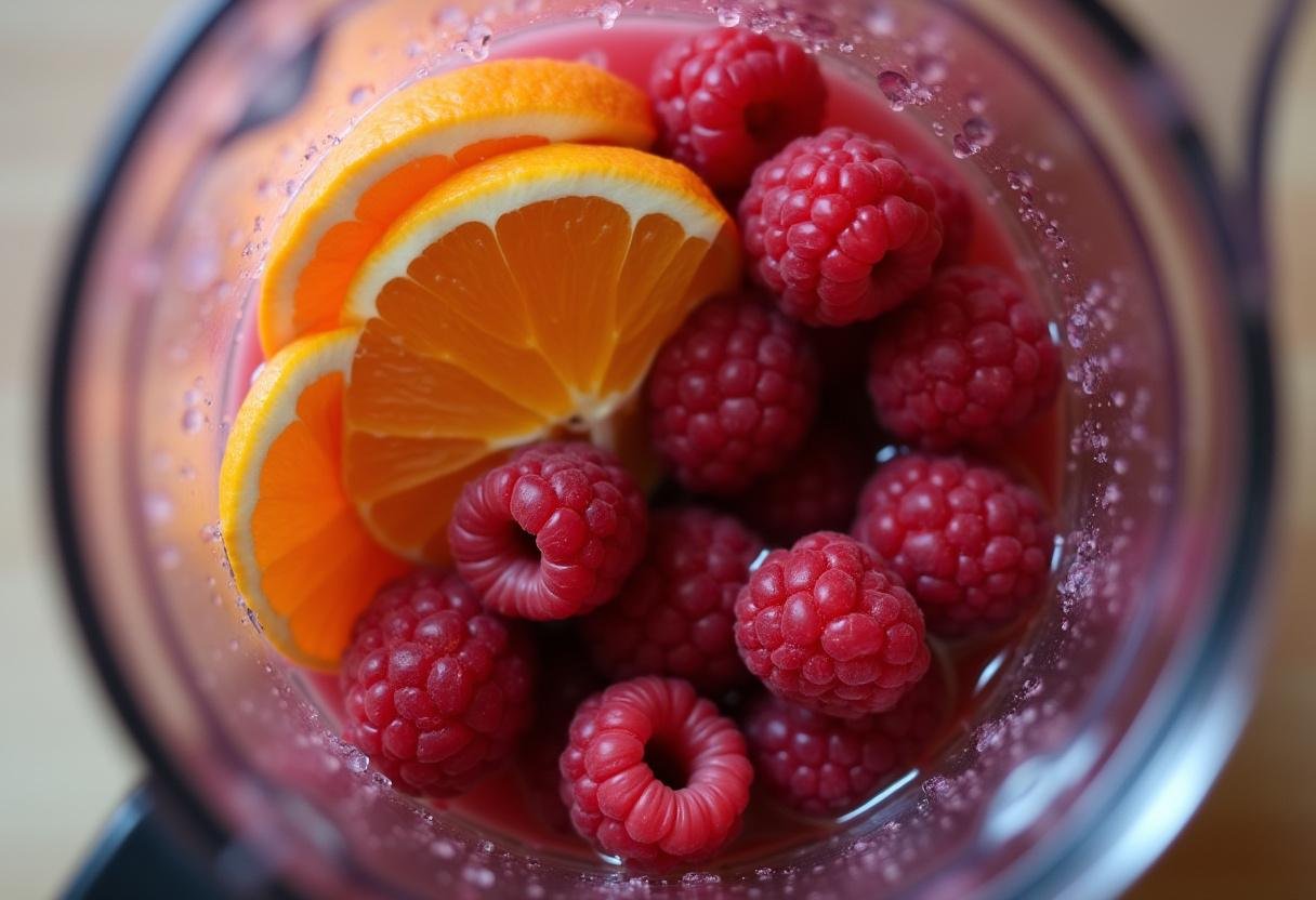 Blending blood orange juice and raspberries for a refreshing drink, emphasizing the bright colors and textures of the ingredients.