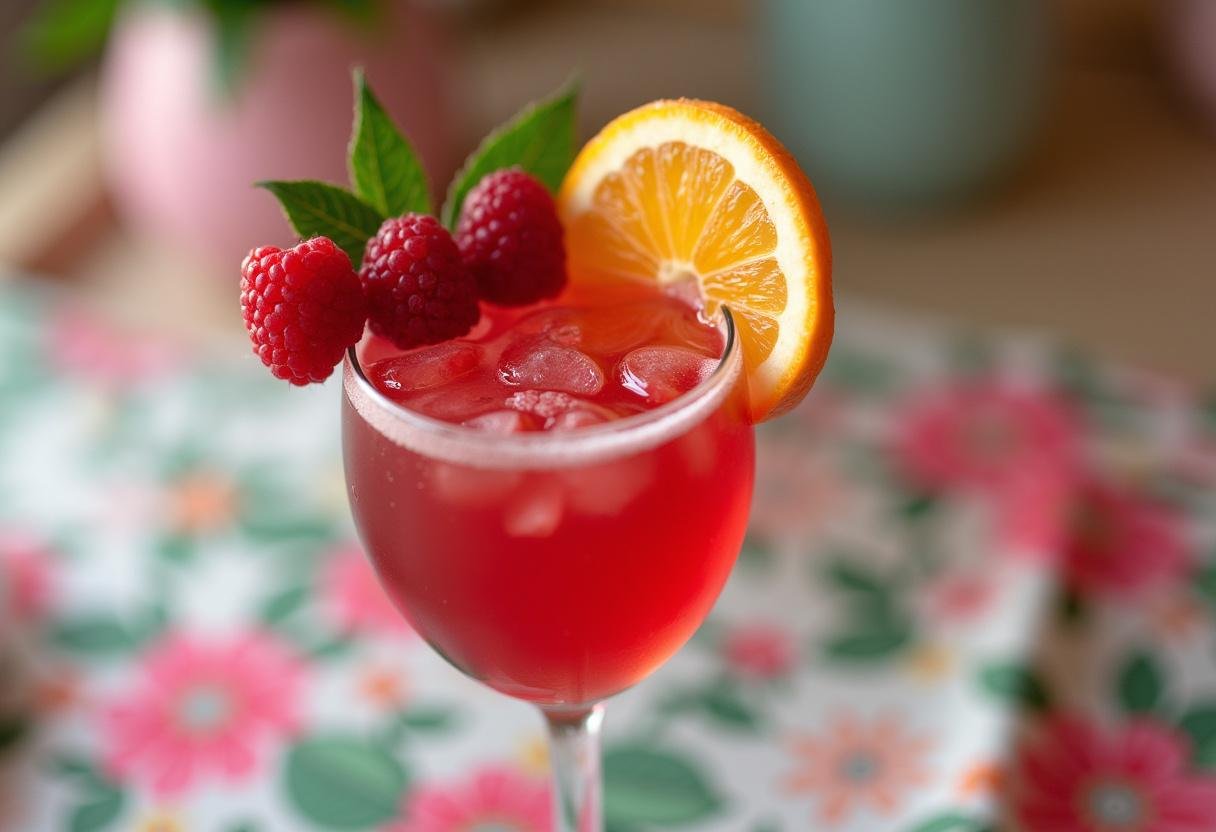 A refreshing glass of blood orange raspberry drink garnished with blood orange slices and raspberries, perfect for enjoying the blood orange season.