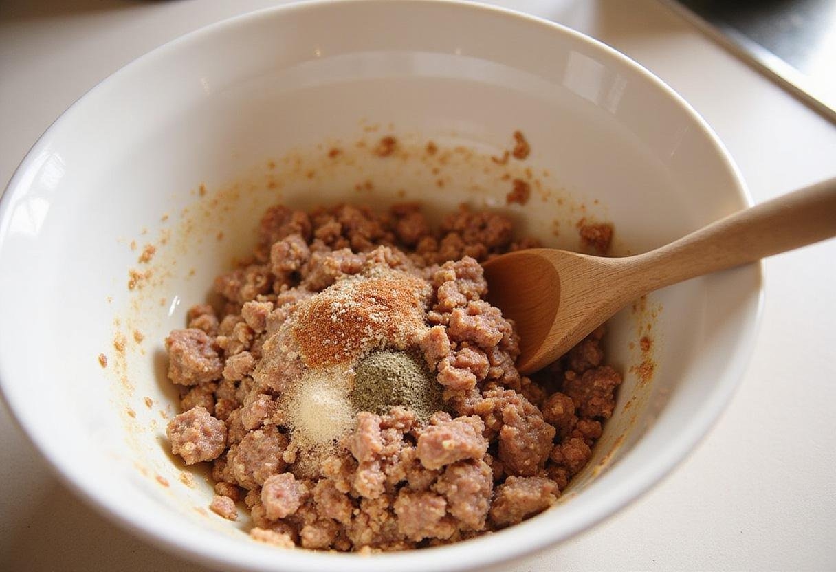 Mixing Bob Evans sausage with breadcrumbs and spices to create the perfect filling for sausage rolls.