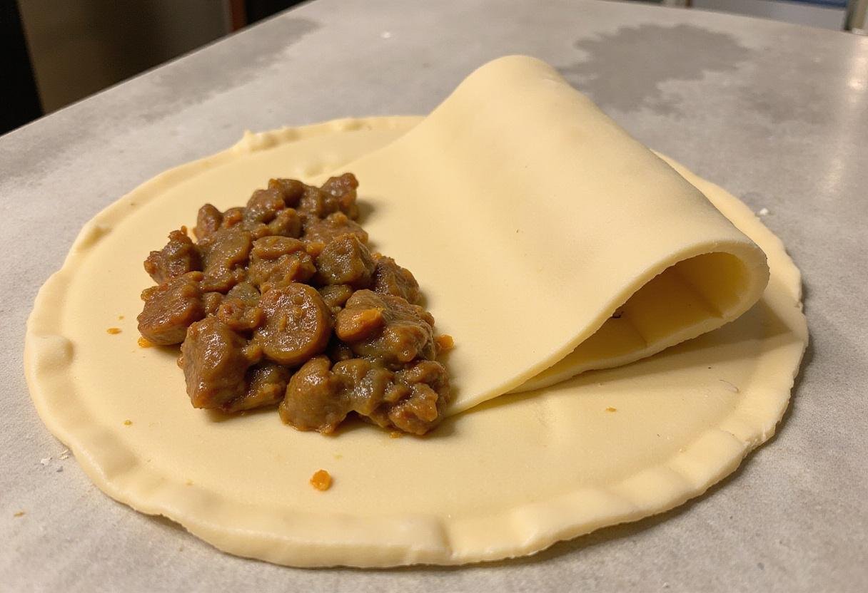 Preparing puff pastry with seasoned Bob Evans sausage mixture, essential for making tasty sausage rolls.