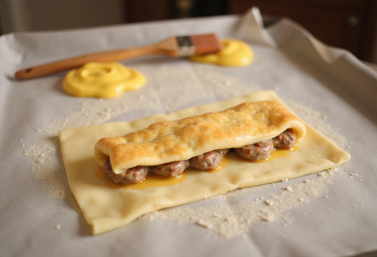 Assembling sausage rolls with Bob Evans sausage mixture, preparing to bake a delicious snack.