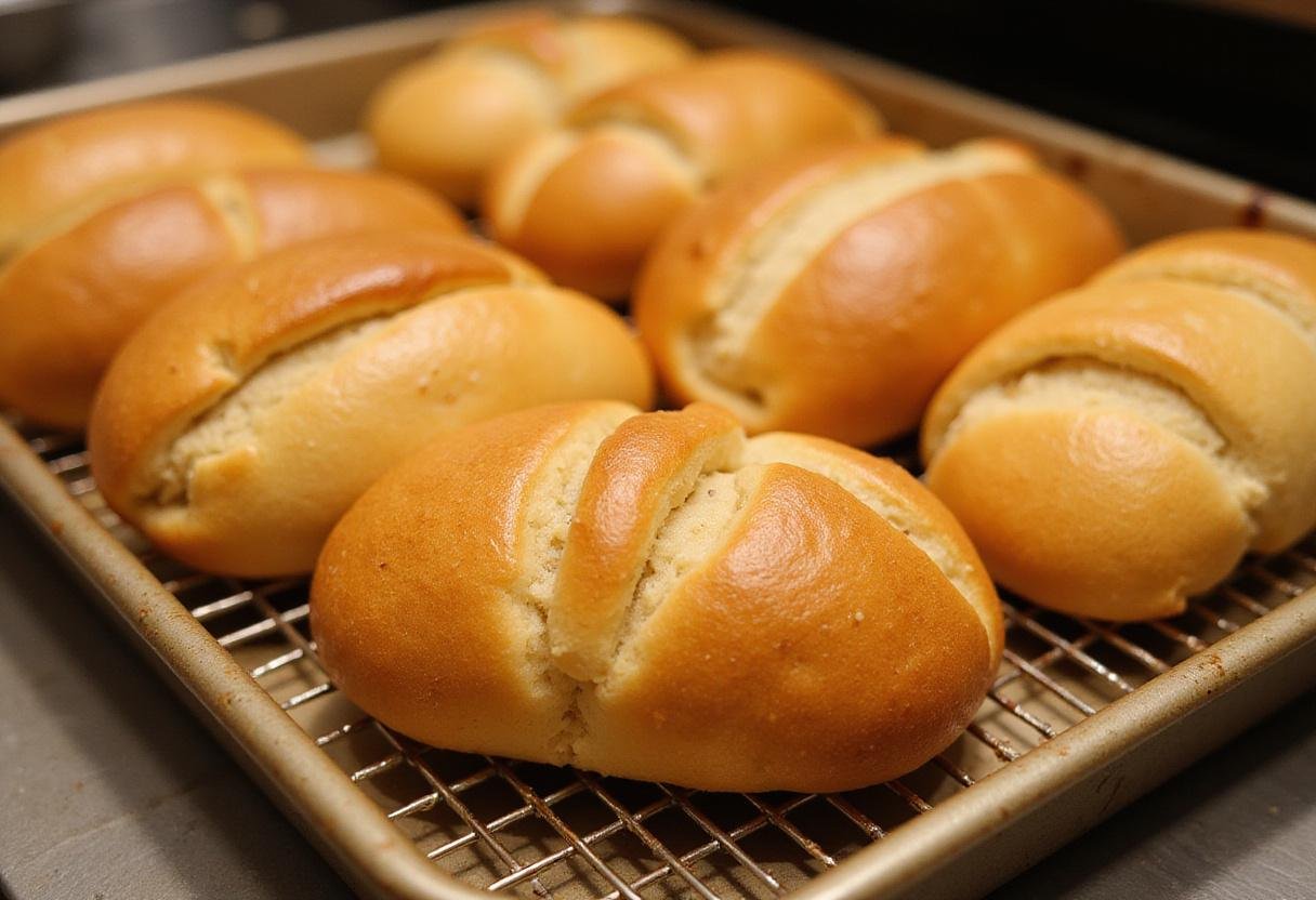 Golden brown brioche hot dog buns cooling on a rack, highlighting their soft and fluffy texture for a delicious finish.