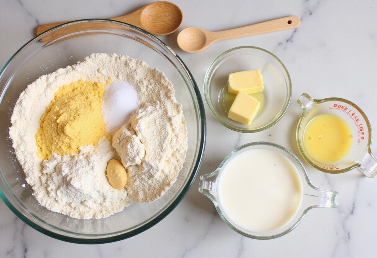 Ingredients for brioche hot dog buns, including flour, sugar, yeast, and warm milk, arranged on a countertop.