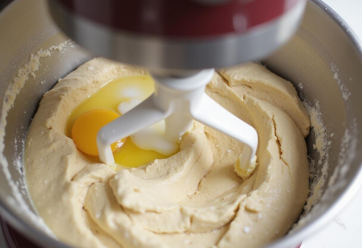 Brioche dough mixing in a stand mixer, showcasing the process of making hot dog buns.
