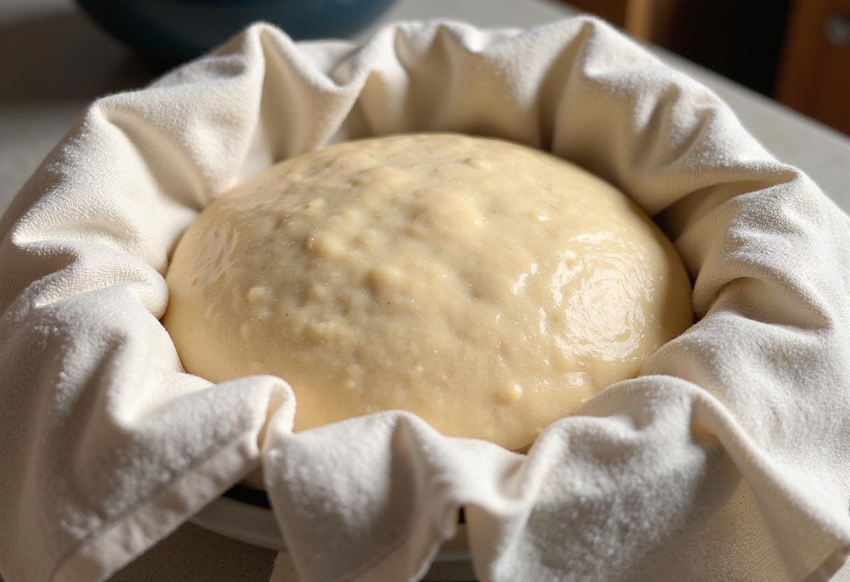 Brioche hot dog bun dough rising in a bowl, covered with a towel, demonstrating the fermentation process.