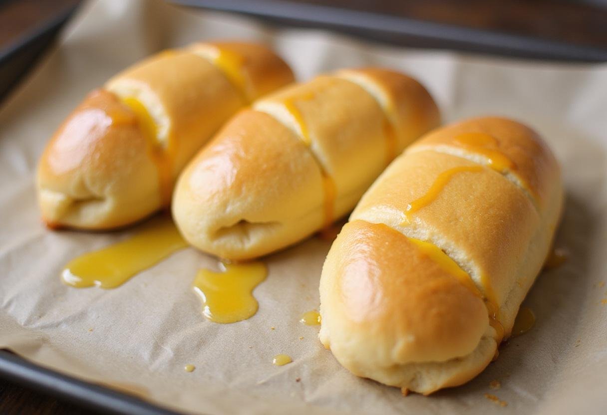 Shaped brioche hot dog buns on a baking tray, showcasing the preparation for baking before being put into the oven.