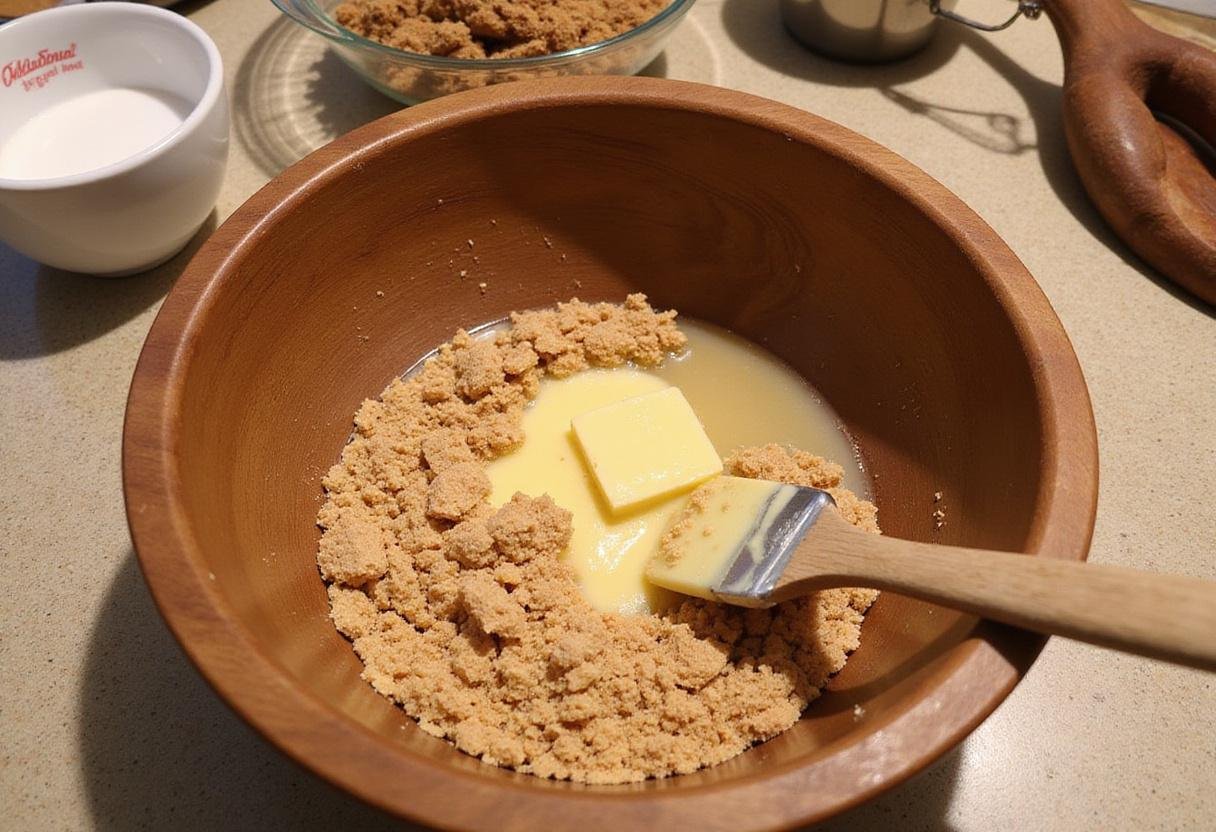 Preparing the graham cracker base for Butter Rum Lifesavers Treat with crushed graham crackers, butter, and brown sugar toppings.