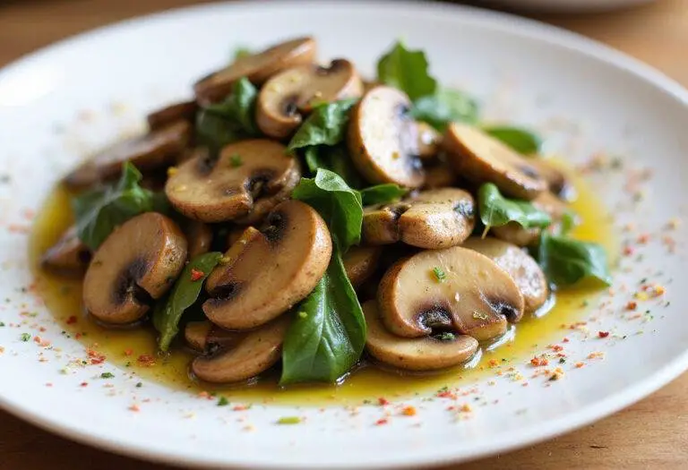 Final dish of sautéed button mushrooms presented elegantly, showcasing the delicious use of champignon mushrooms in a delightful culinary creation.