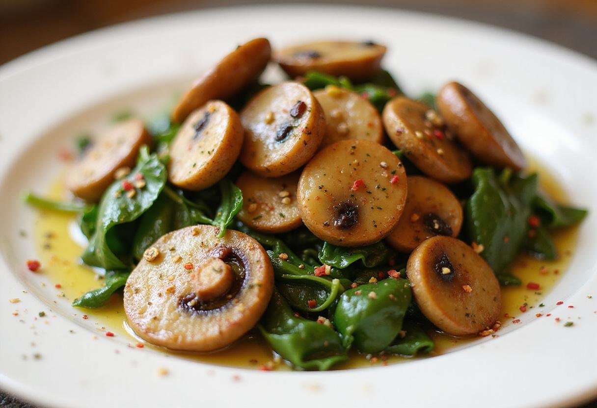 Final dish of sautéed button mushrooms presented elegantly, showcasing the delicious use of champignon mushrooms in a delightful culinary creation.