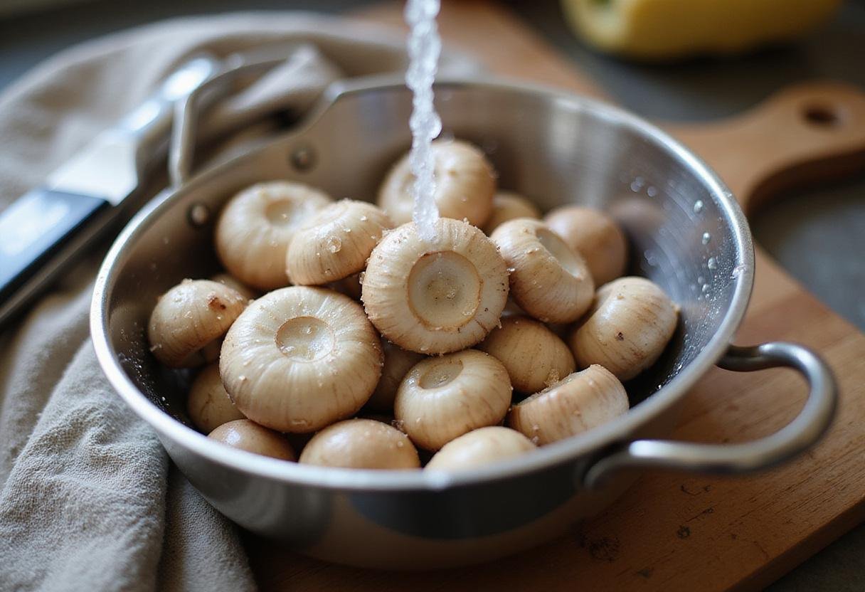 Rinsing fresh button mushrooms in a colander, showcasing champignon mushrooms ready for cooking, perfect for mushroom dishes.