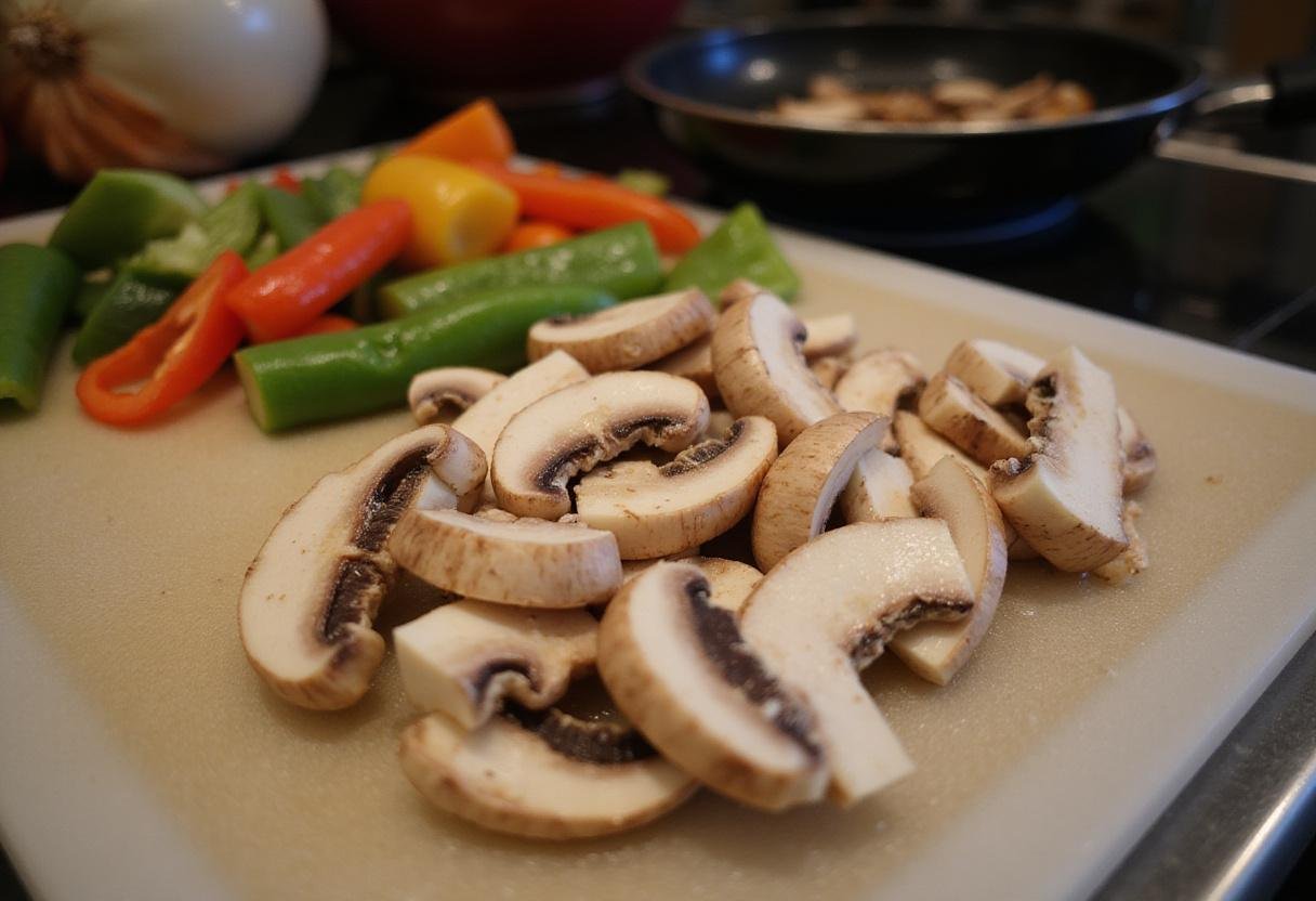 Preparing sliced champignon mushrooms on a cutting board, ready to be sautéed with other colorful vegetables for a flavorful dish.