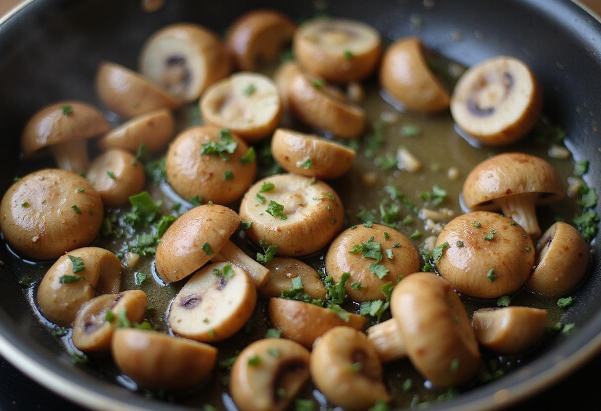 Sautéing button mushrooms with garlic and olive oil, capturing the delicious aroma and golden colors as the champignon mushrooms cook.