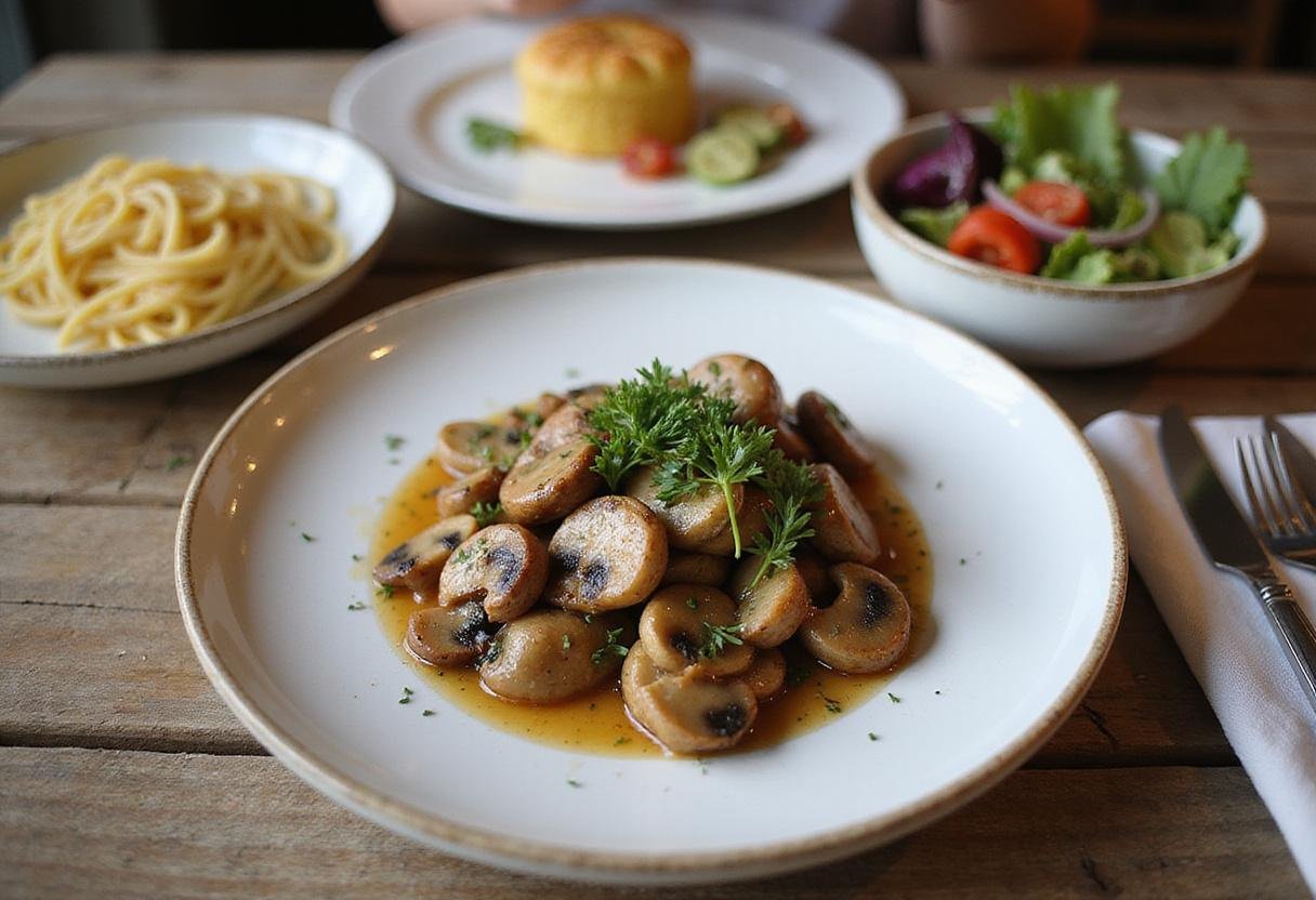Serving a gourmet plate of sautéed champignon mushrooms, perfectly presented with pasta and salad, ideal for an elegant meal.