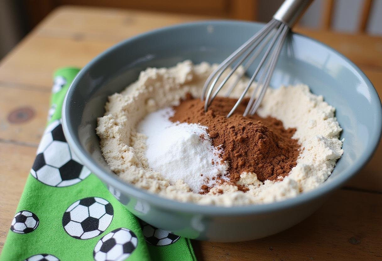 Mixing dry ingredients for soccer cupcakes, essential for creating delicious treats for a soccer-themed party.